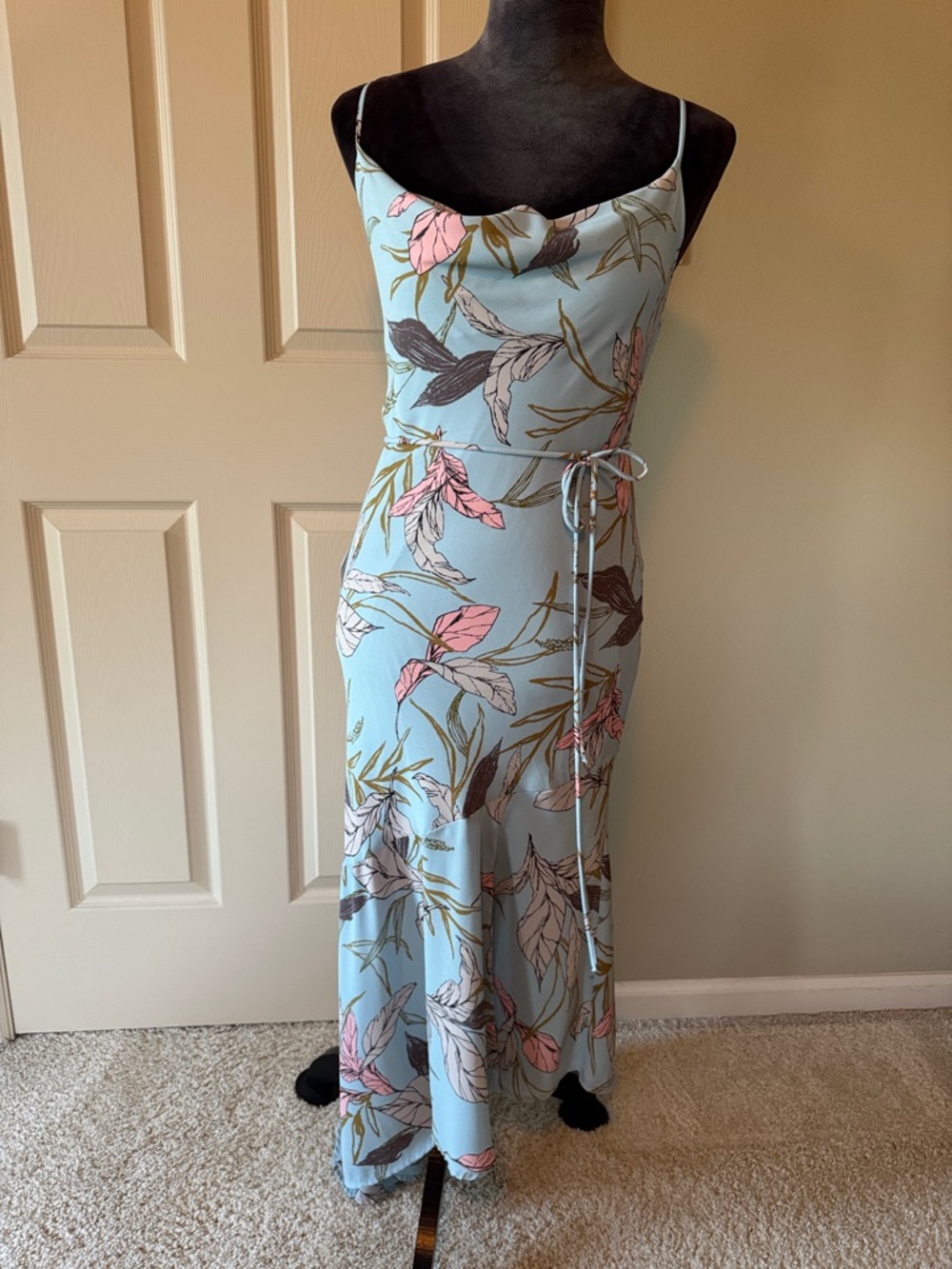 Cowl Neck Floral Maxi Dress in Light Blue with Pink Accents
